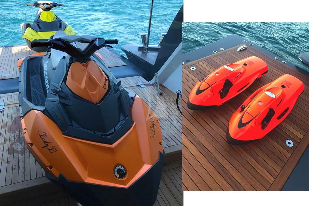 a boat with a backpack on it aboard LADY L Yacht for Charter