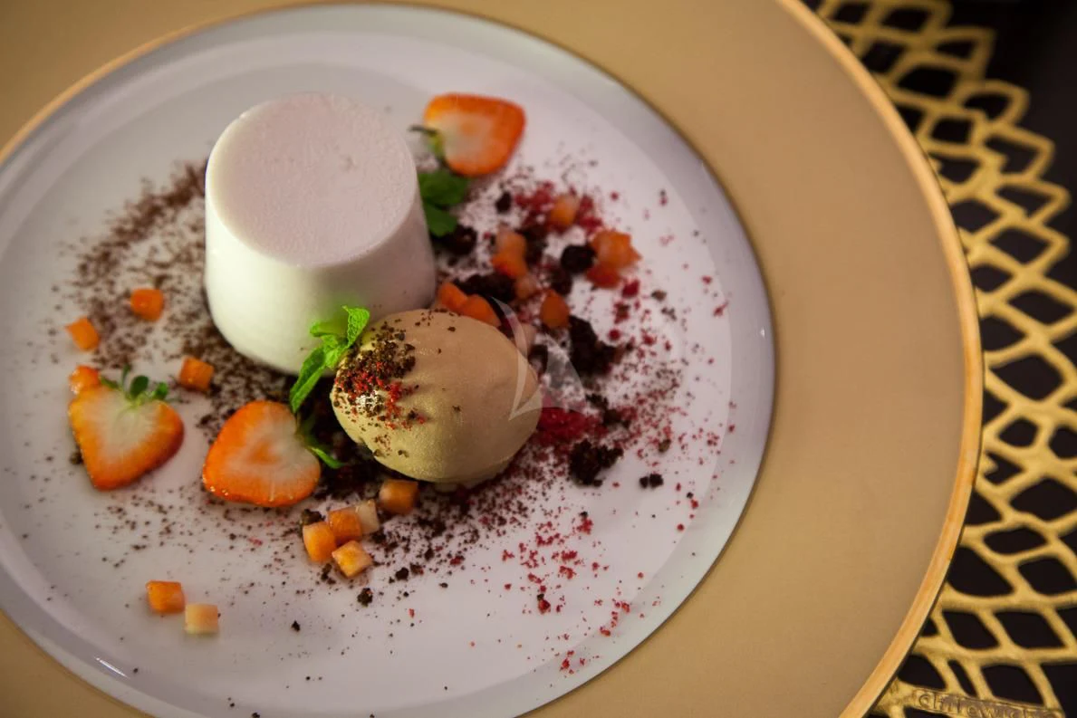 a plate of food aboard LADY L Yacht for Charter