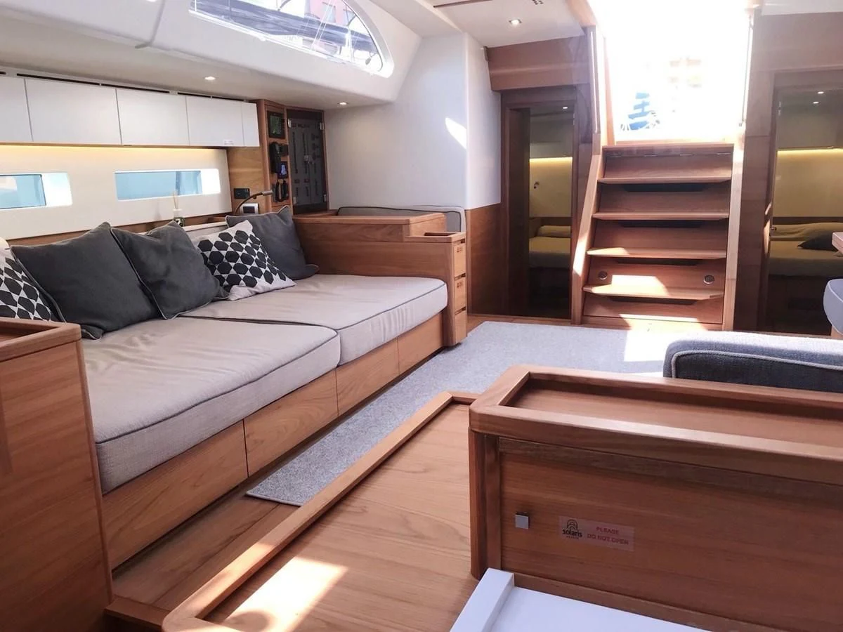 a bed in a room aboard ONE SHOT Yacht for Sale
