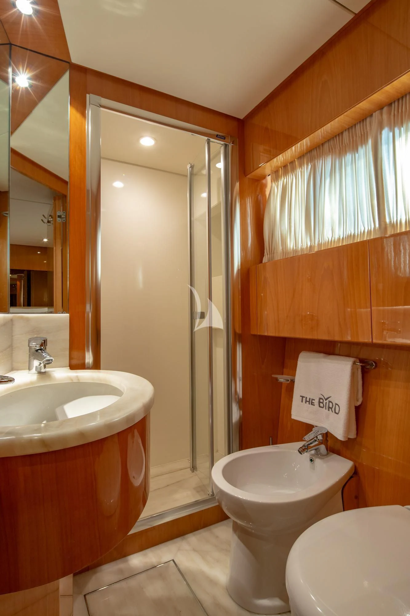 a bathroom with a shower and sink aboard THE BIRD Yacht for Charter