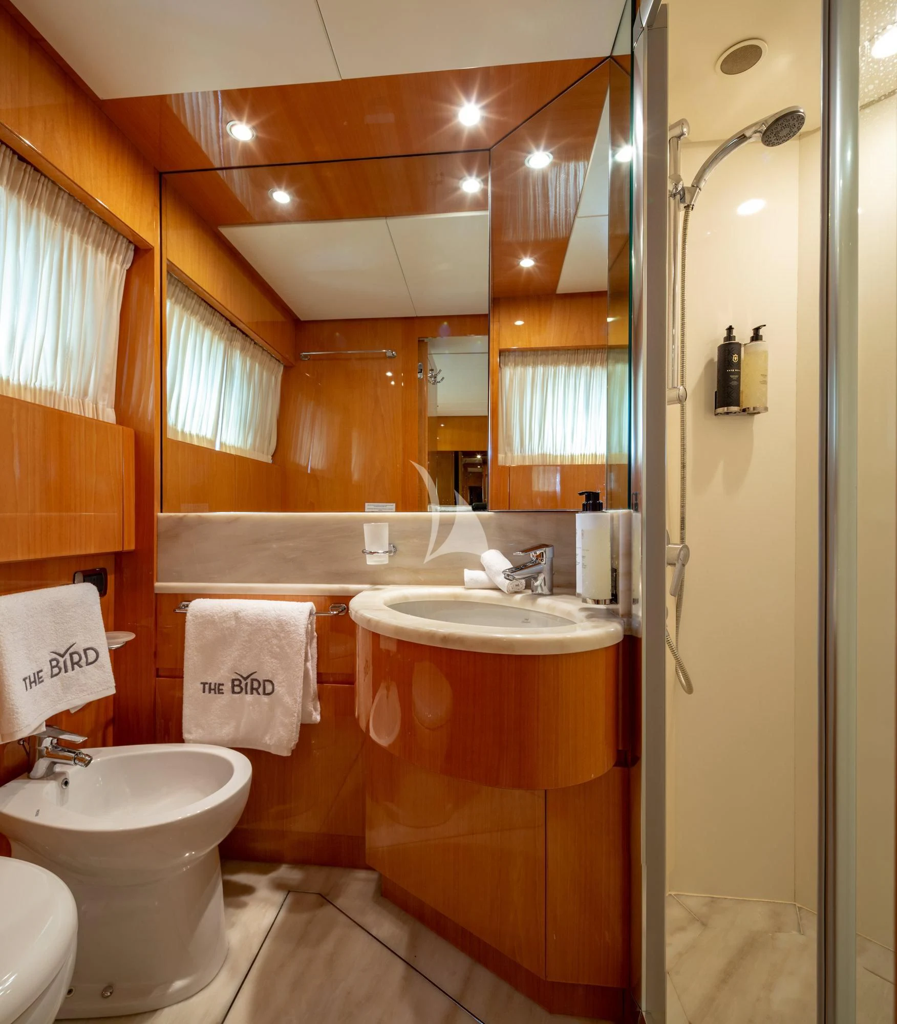 a bathroom with a sink and a shower aboard THE BIRD Yacht for Charter