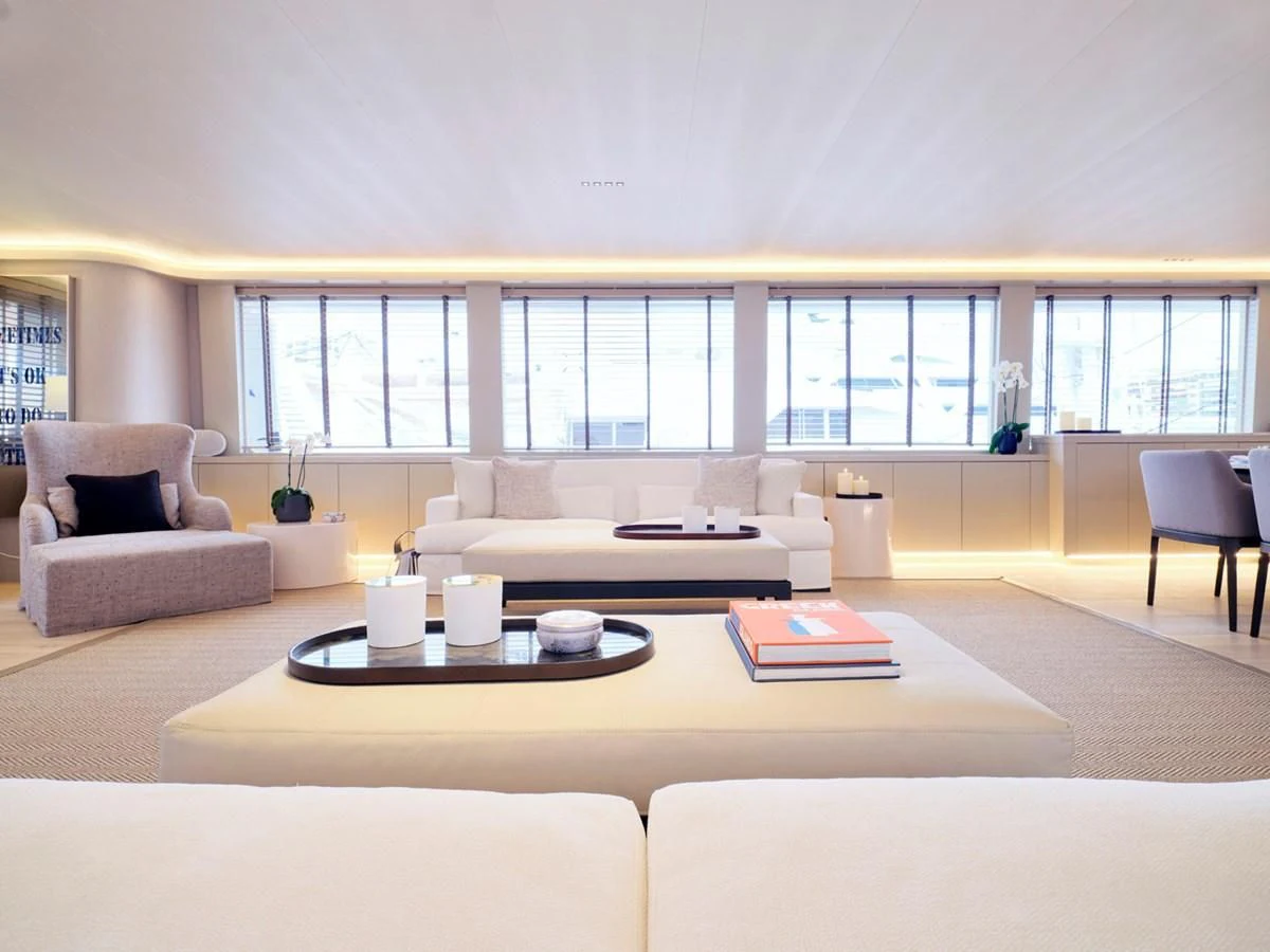 a living room with a large window aboard ENDLESS SUMMER Yacht for Sale