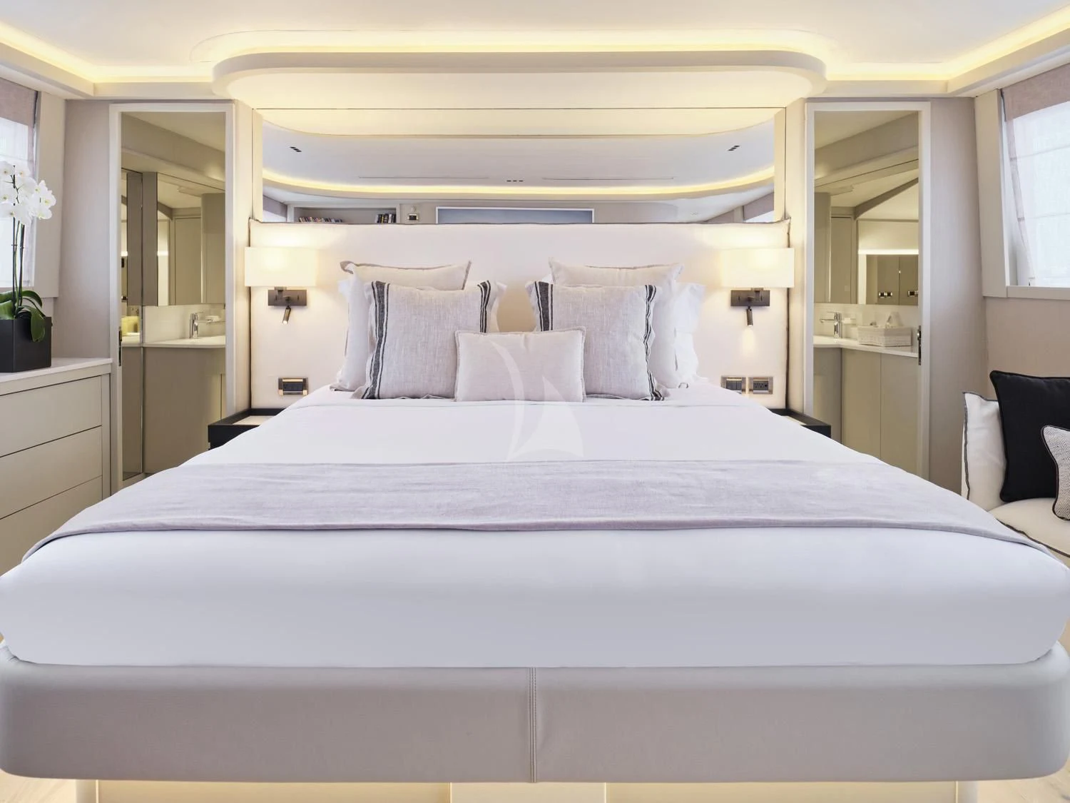 a bed with white sheets aboard ENDLESS SUMMER Yacht for Sale