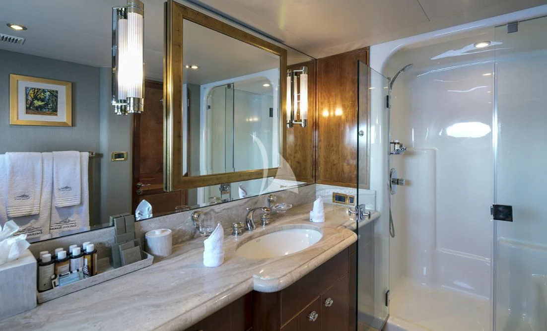 a bathroom with a large mirror aboard ENDLESS SUMMER Yacht for Sale
