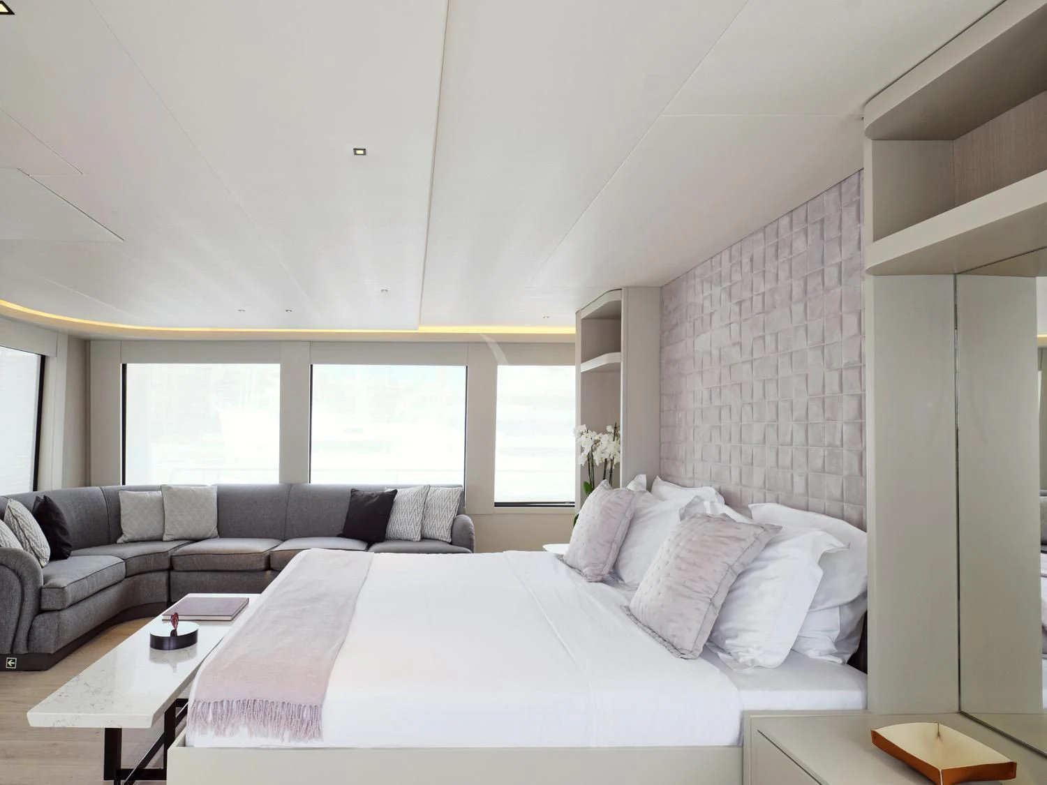a bed with a white sheet aboard ENDLESS SUMMER Yacht for Sale