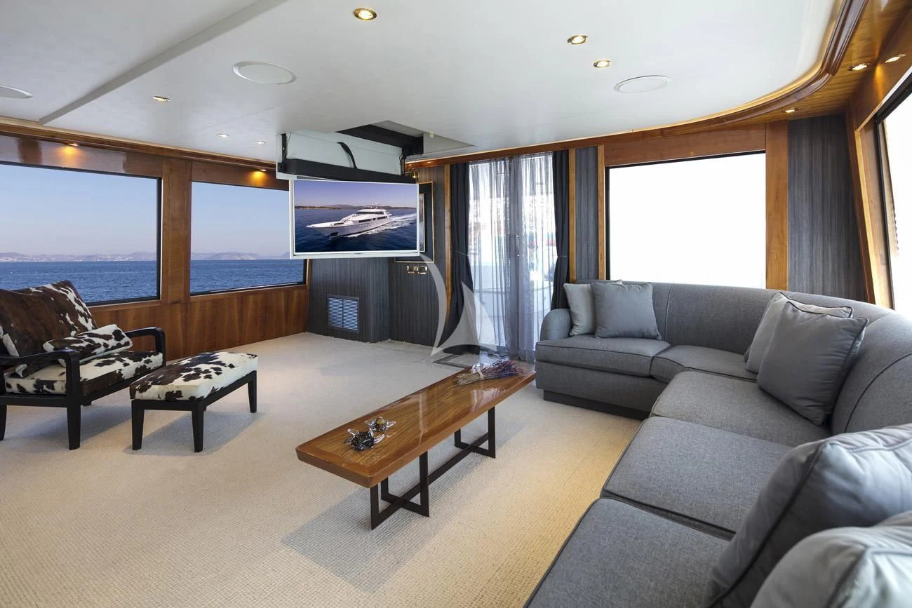 a living room with a large screen aboard ENDLESS SUMMER Yacht for Sale