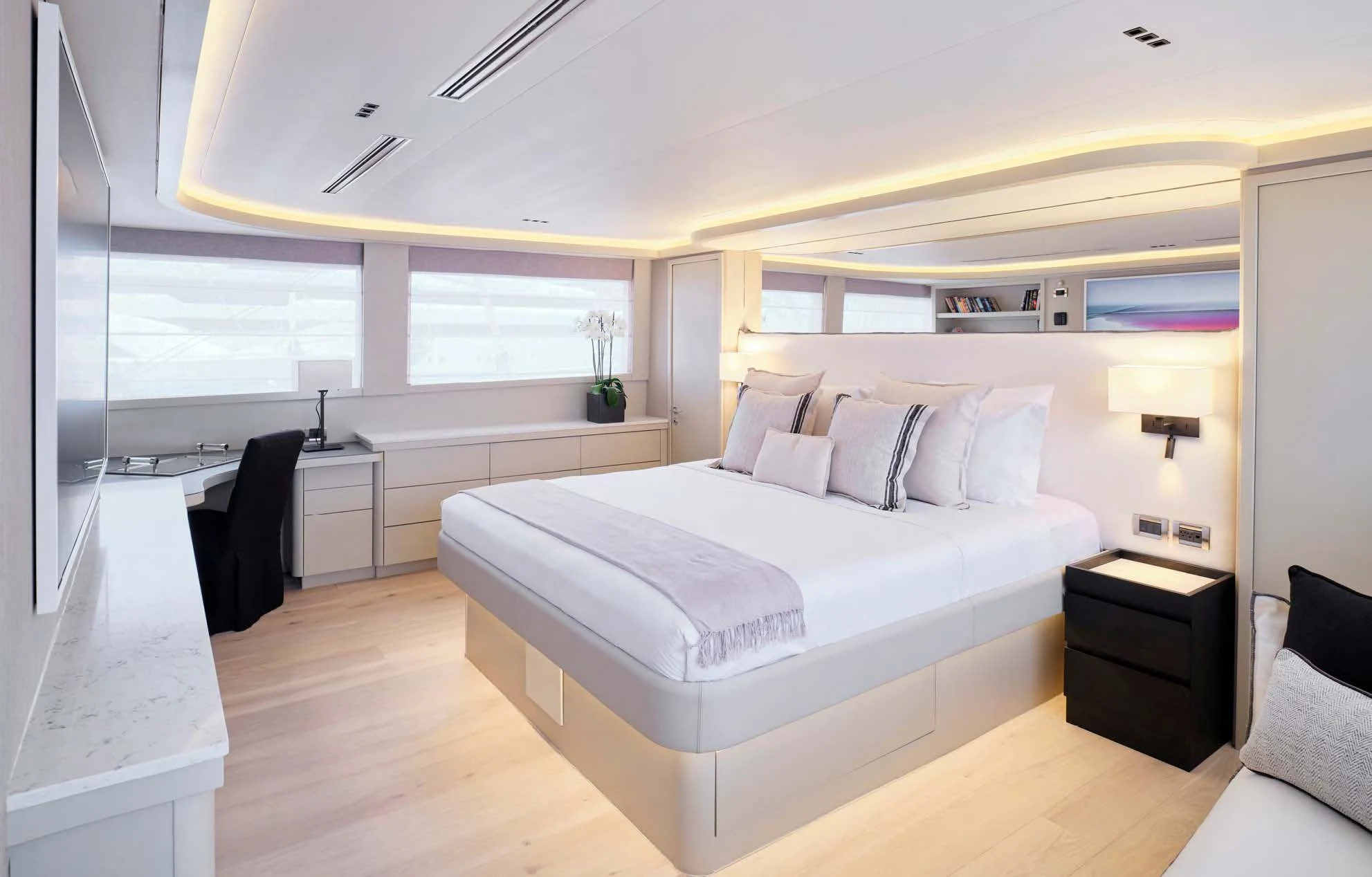 a large bedroom with a large bed aboard ENDLESS SUMMER Yacht for Sale