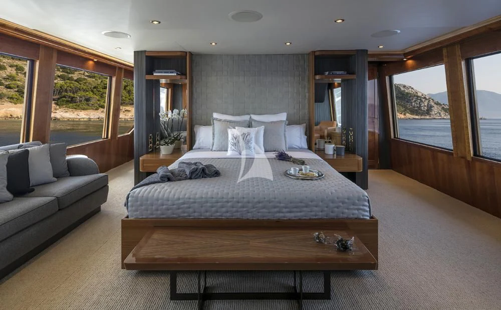 a large bed in a room aboard ENDLESS SUMMER Yacht for Sale