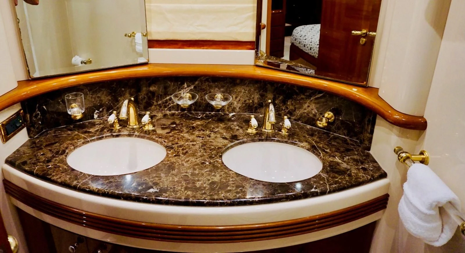 a bathroom with two sinks aboard AZURE Yacht for Sale