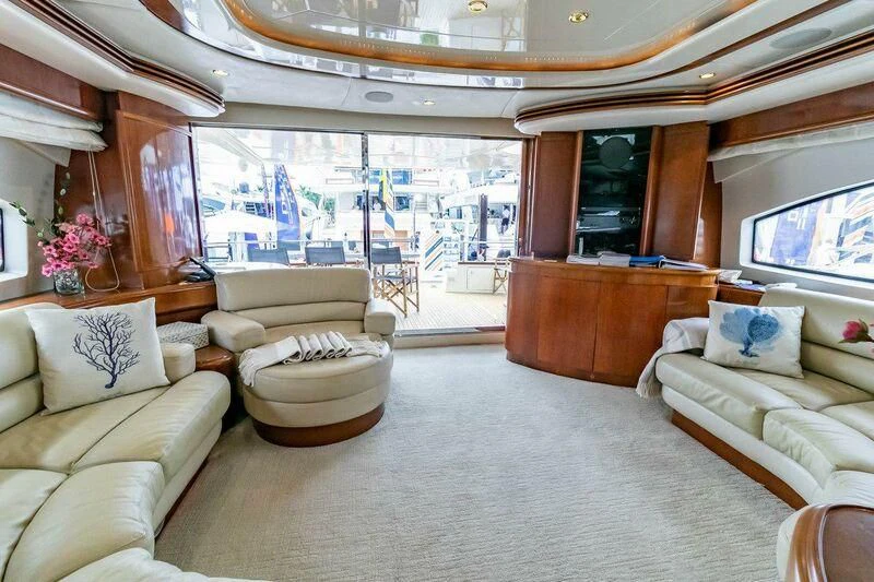 a room with a large window and a view of the city aboard AZURE Yacht for Sale