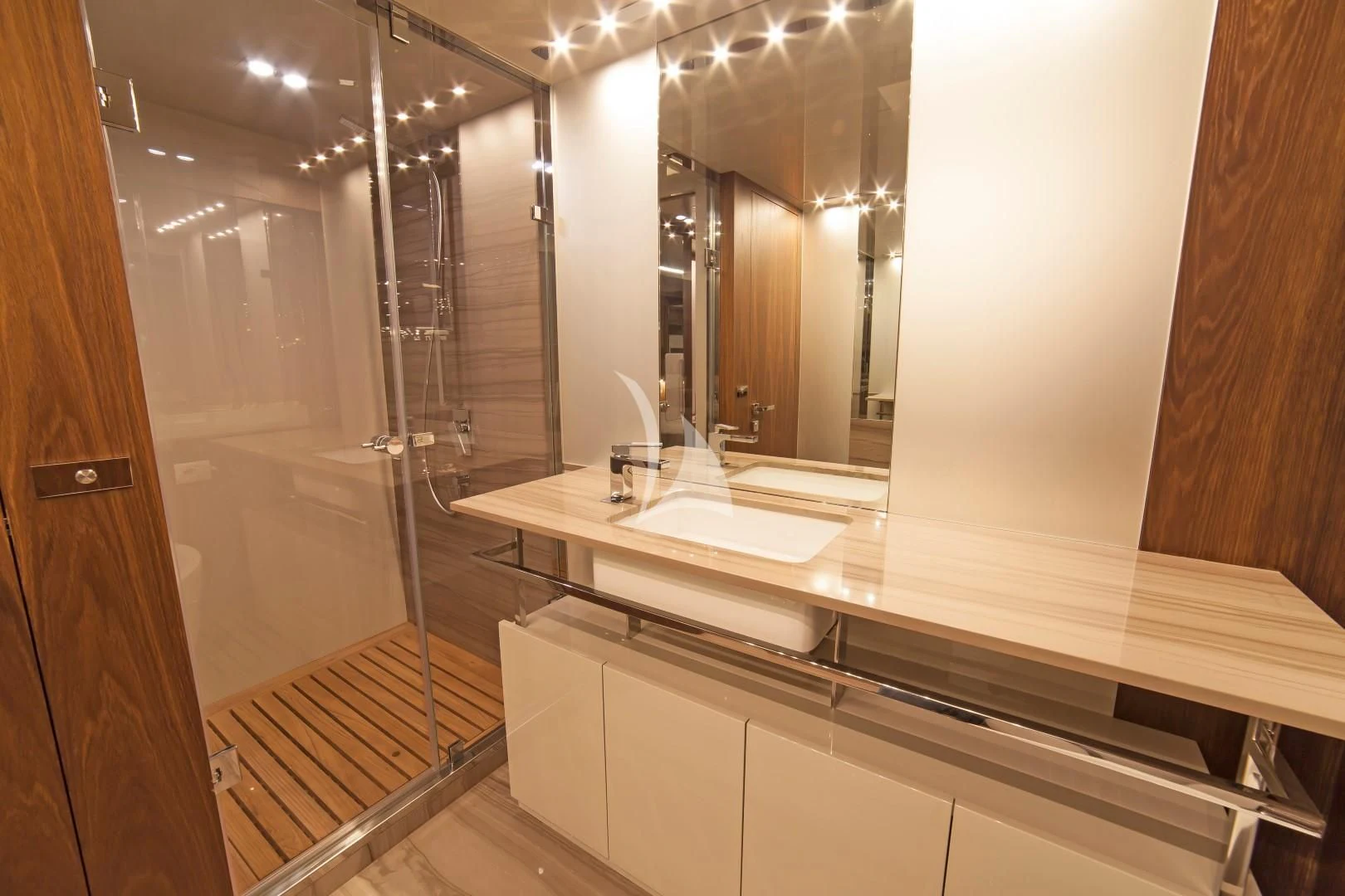 a bathroom with a glass shower aboard SEATALY Yacht for Sale