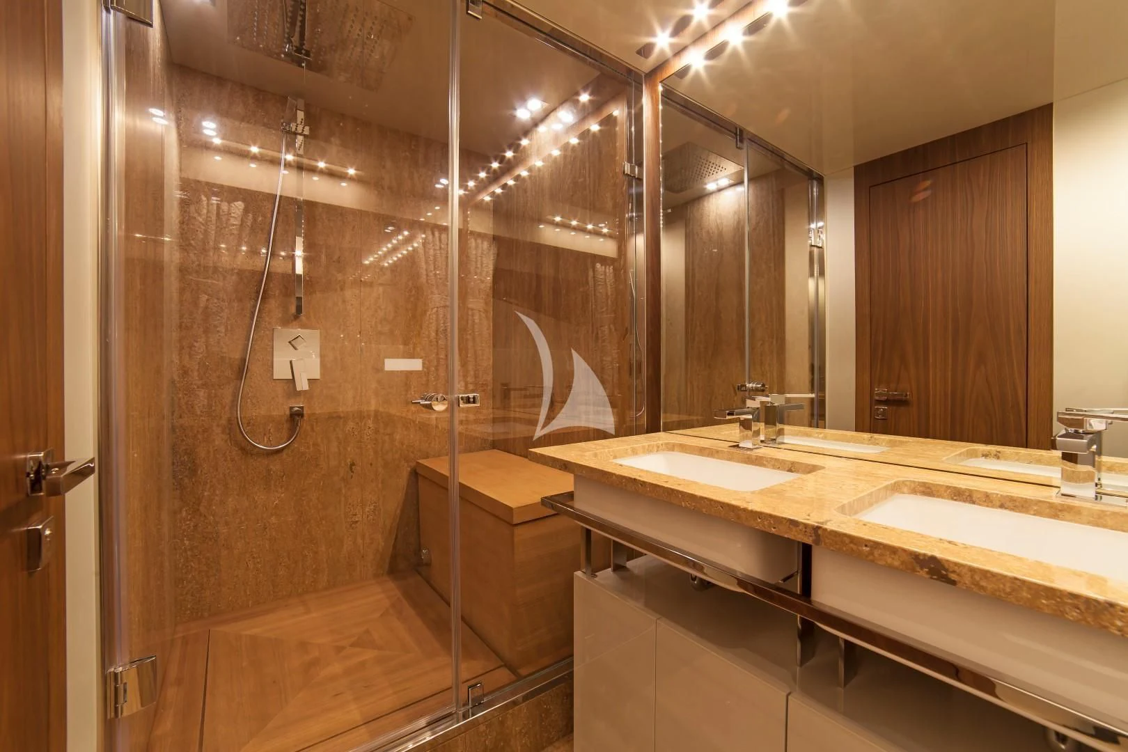 a bathroom with a large mirror aboard SEATALY Yacht for Sale