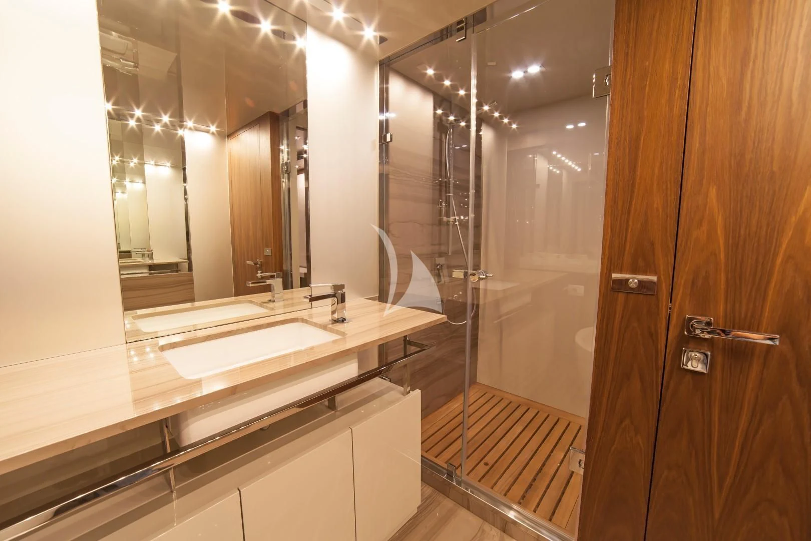 a bathroom with a large mirror aboard SEATALY Yacht for Sale