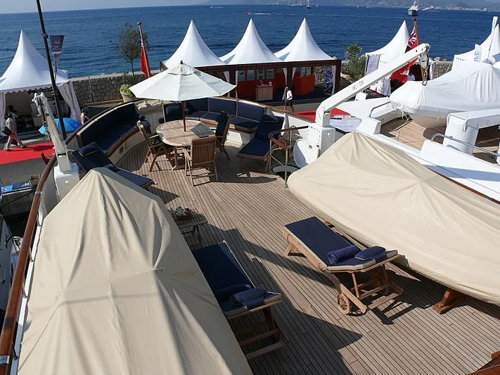 a boat with many white tents aboard C SIDE Yacht for Sale