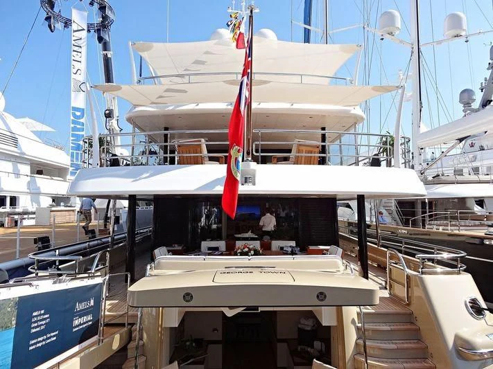 a boat with a flag on the front aboard AMIGOS Yacht for Charter