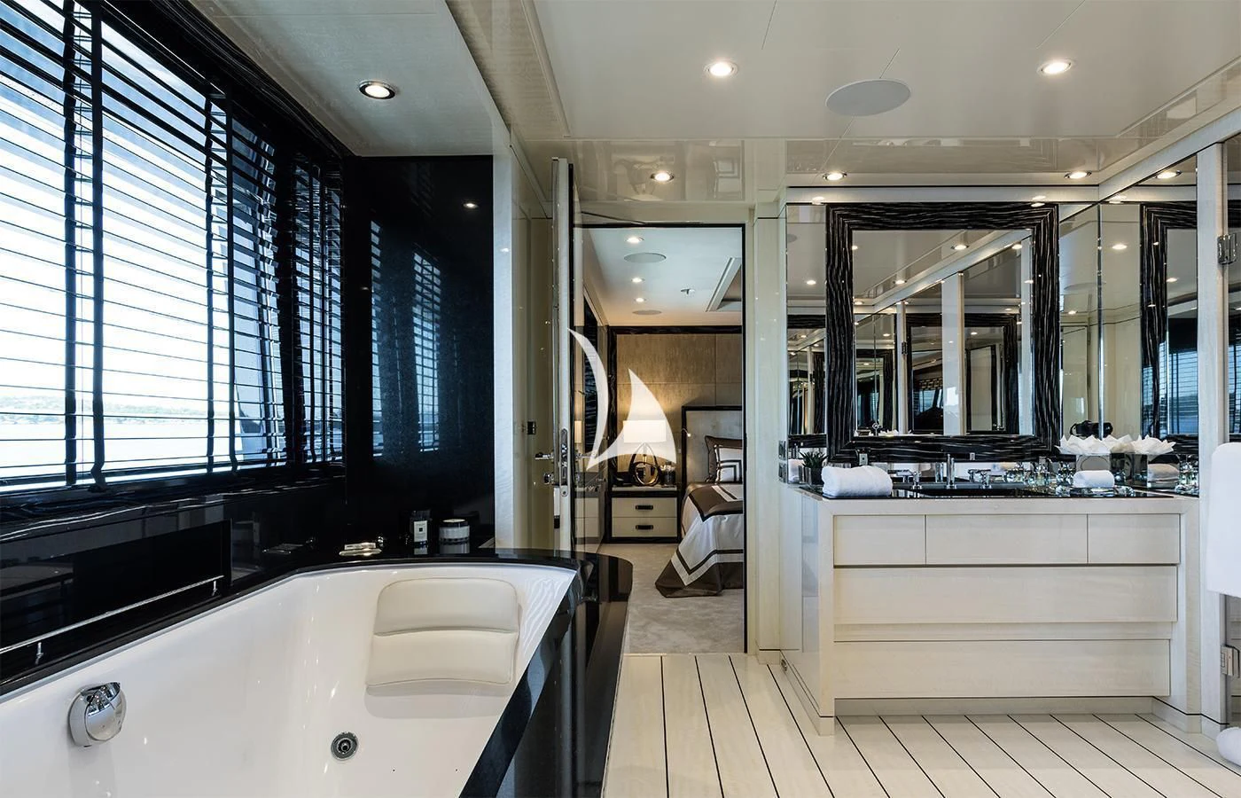 a large bathroom with a large tub aboard AMIGOS Yacht for Charter