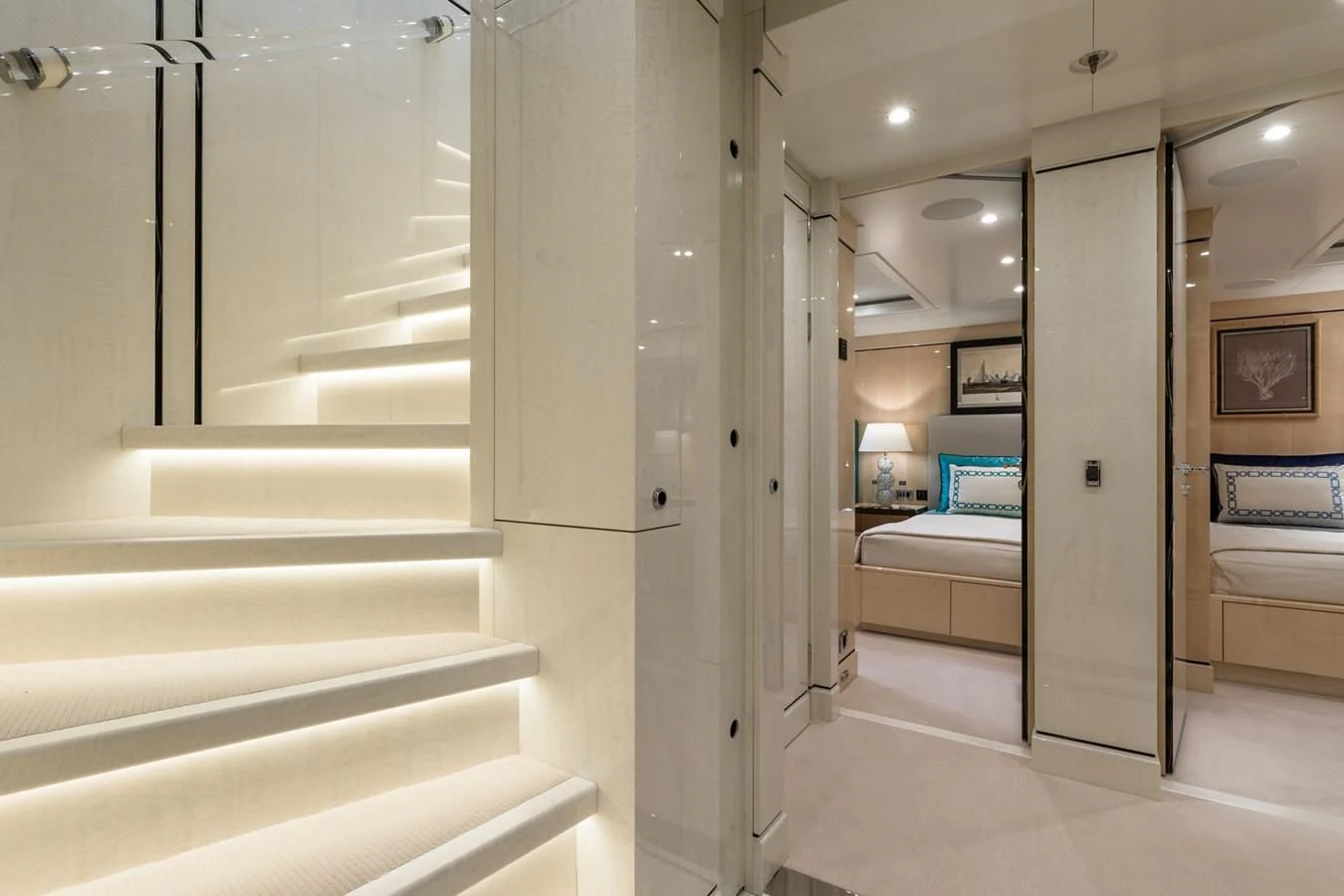 a room with a glass door aboard AMIGOS Yacht for Charter