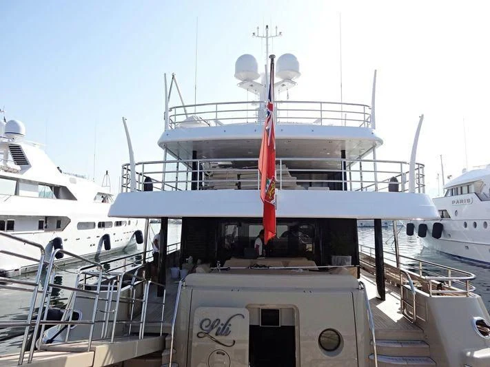 a boat docked at a pier aboard AMIGOS Yacht for Charter