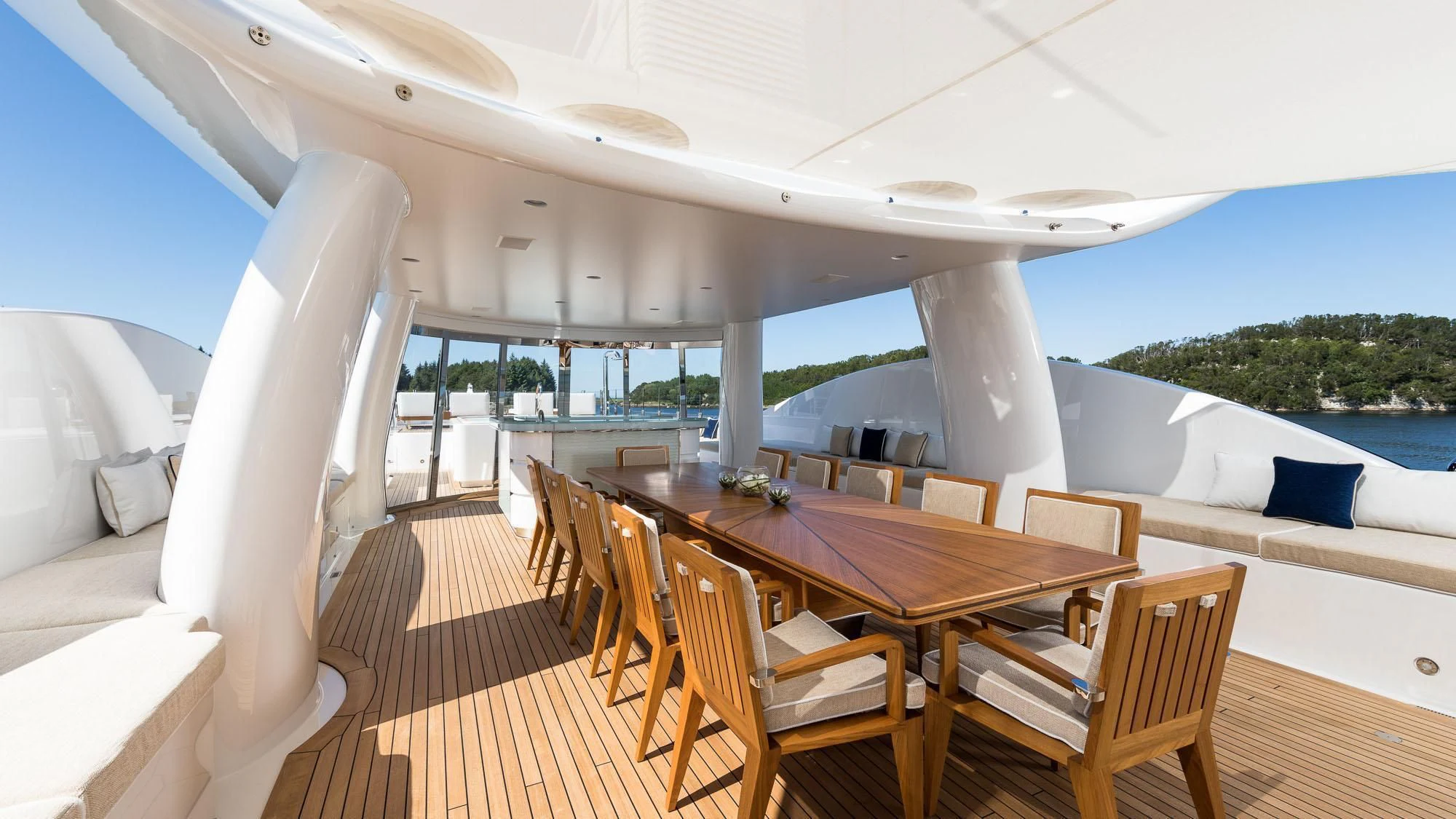 a wooden table on a boat aboard AMIGOS Yacht for Charter