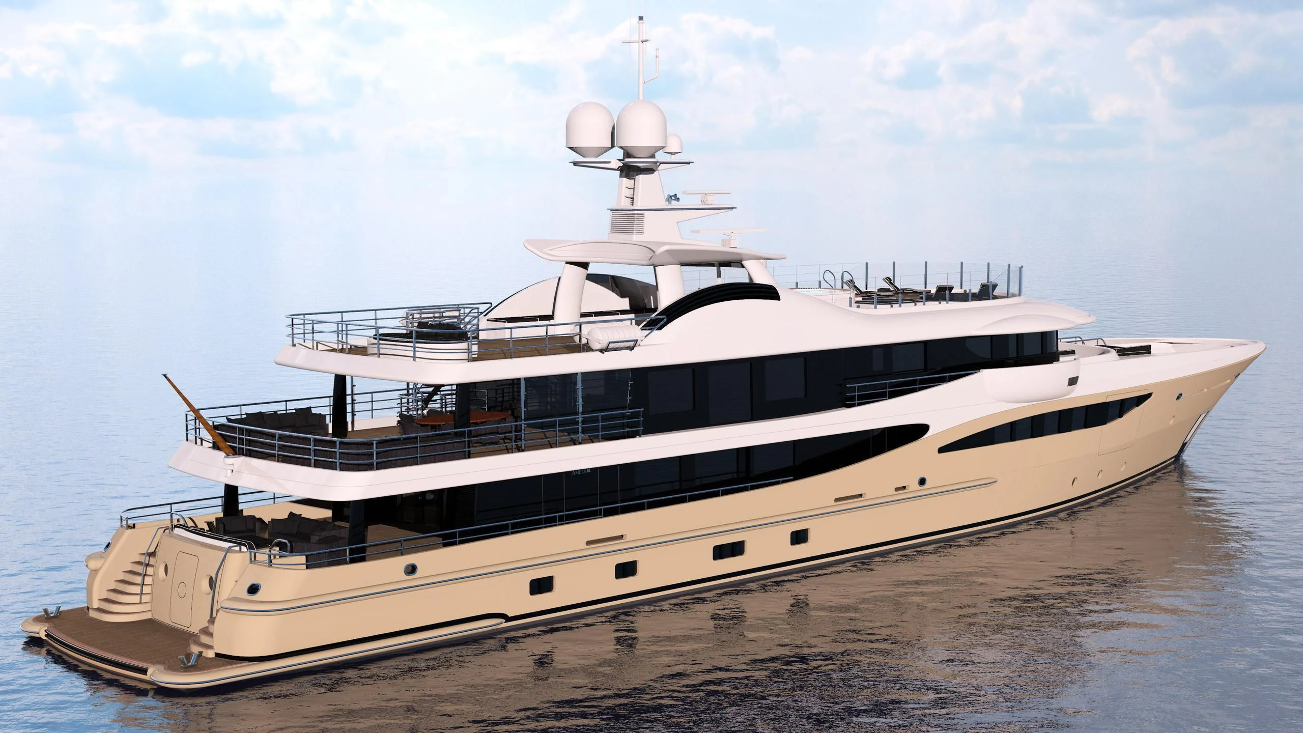 a large white boat on a beach aboard AMIGOS Yacht for Charter