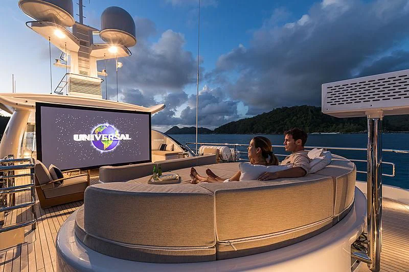 a group of people sitting on a couch in a boat aboard AMIGOS Yacht for Charter