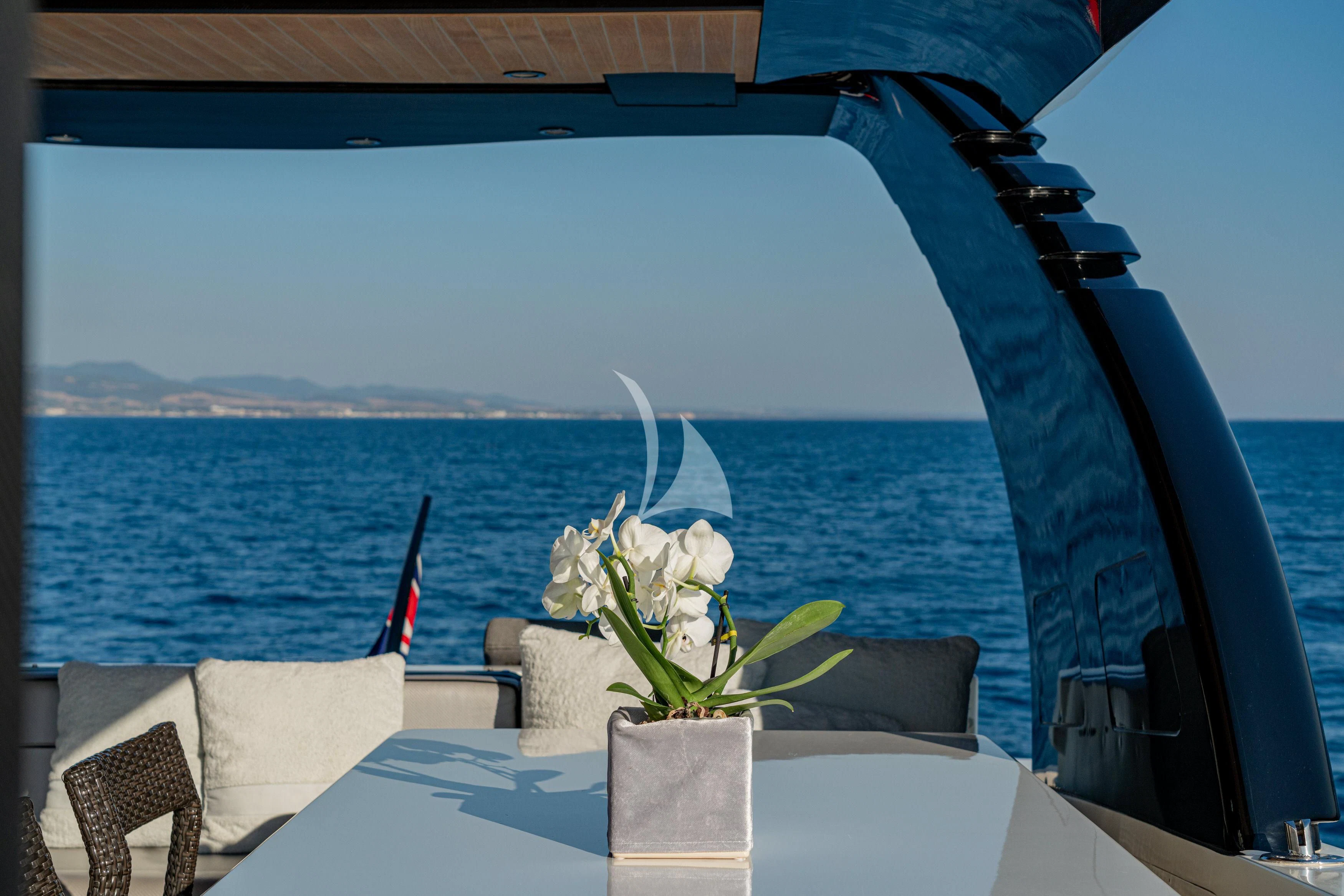 a boat with white flowers in it aboard WHITEHAVEN Yacht for Sale
