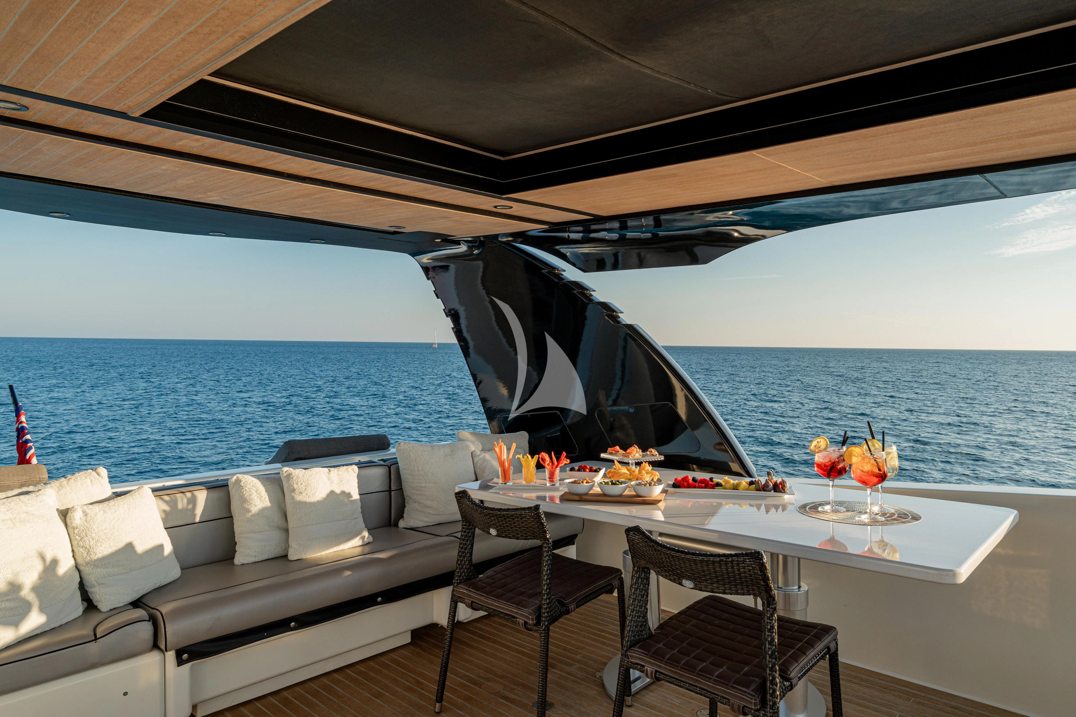 a table with chairs on it next to a large body of water aboard WHITEHAVEN Yacht for Sale