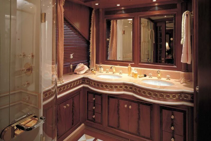 a bathroom with double sinks aboard CORINTHIAN Yacht for Sale
