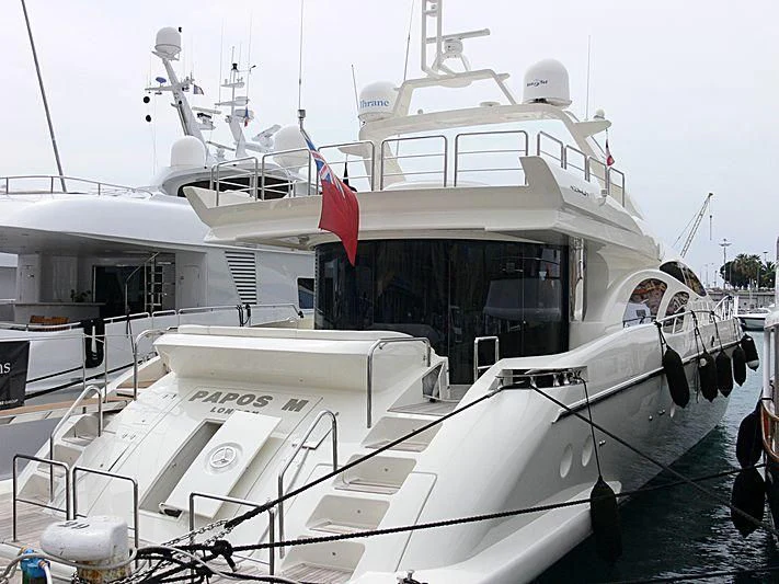 a boat docked at a pier aboard PAPOS M Yacht for Sale