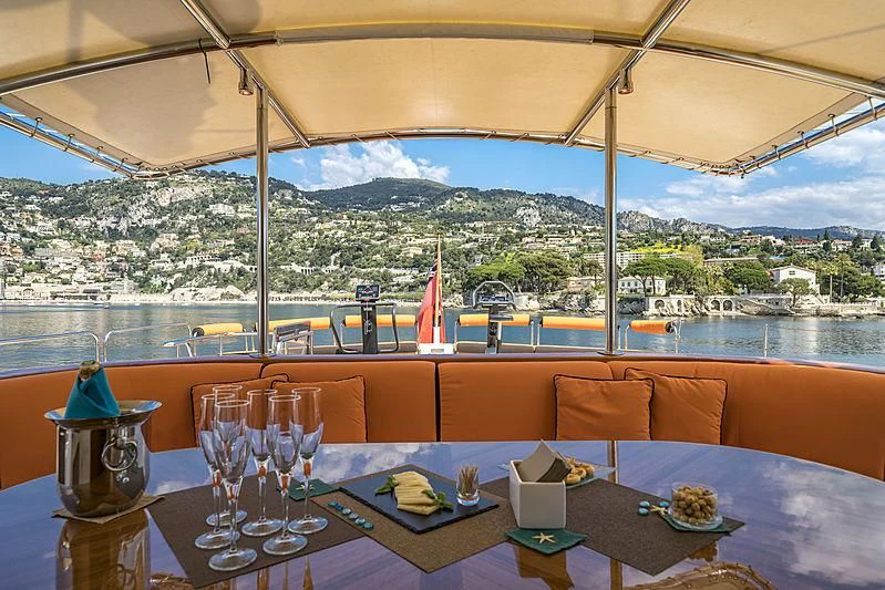 a table with food and glasses on it aboard FIORENTE Yacht for Sale