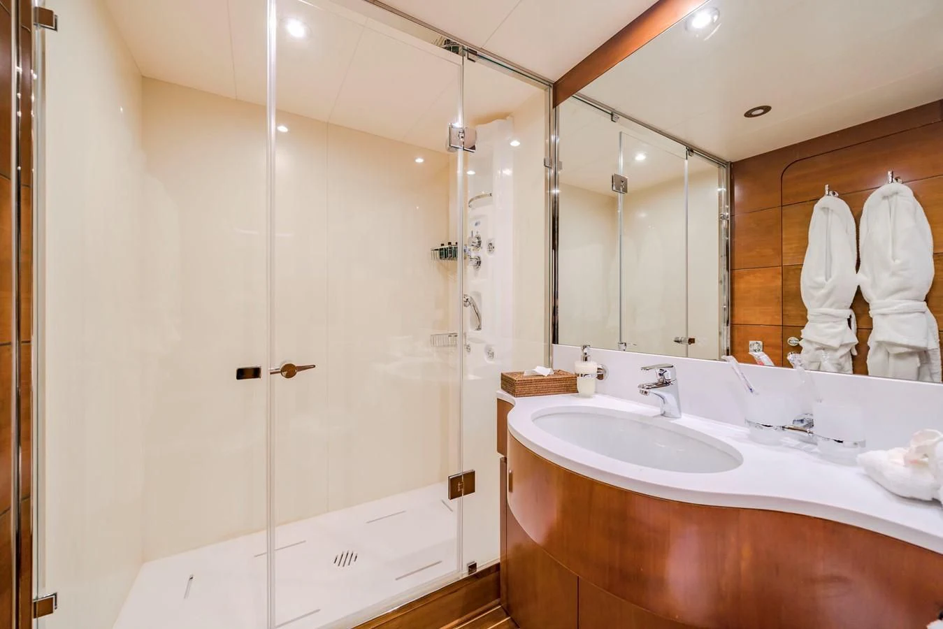 a bathroom with a shower and sink aboard FIORENTE Yacht for Sale