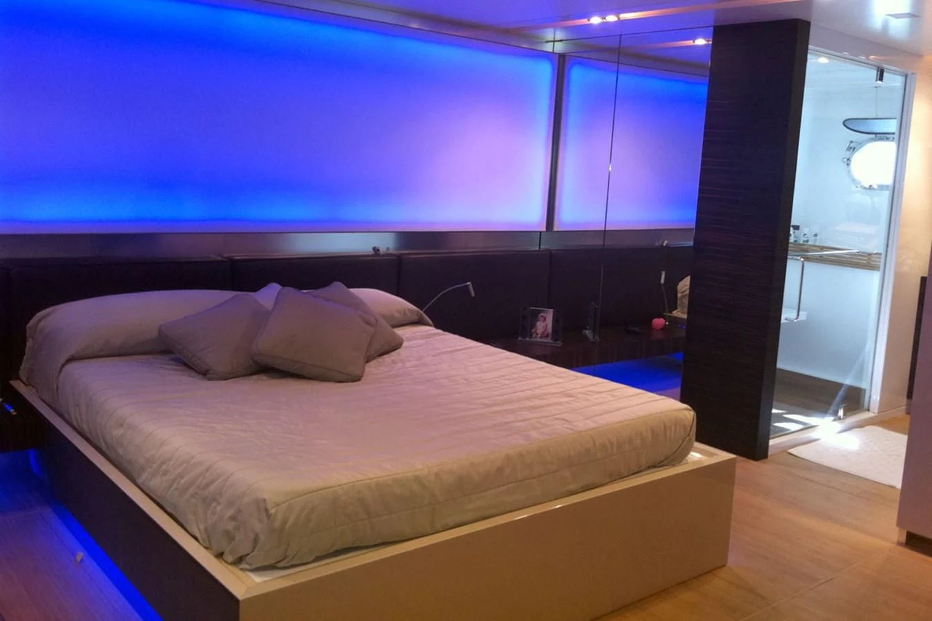 a bed in a room aboard MIKYMAR Yacht for Sale