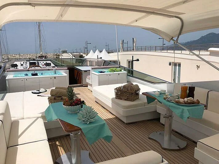 a room with tables and chairs aboard PIERPAOLO IV Yacht for Sale