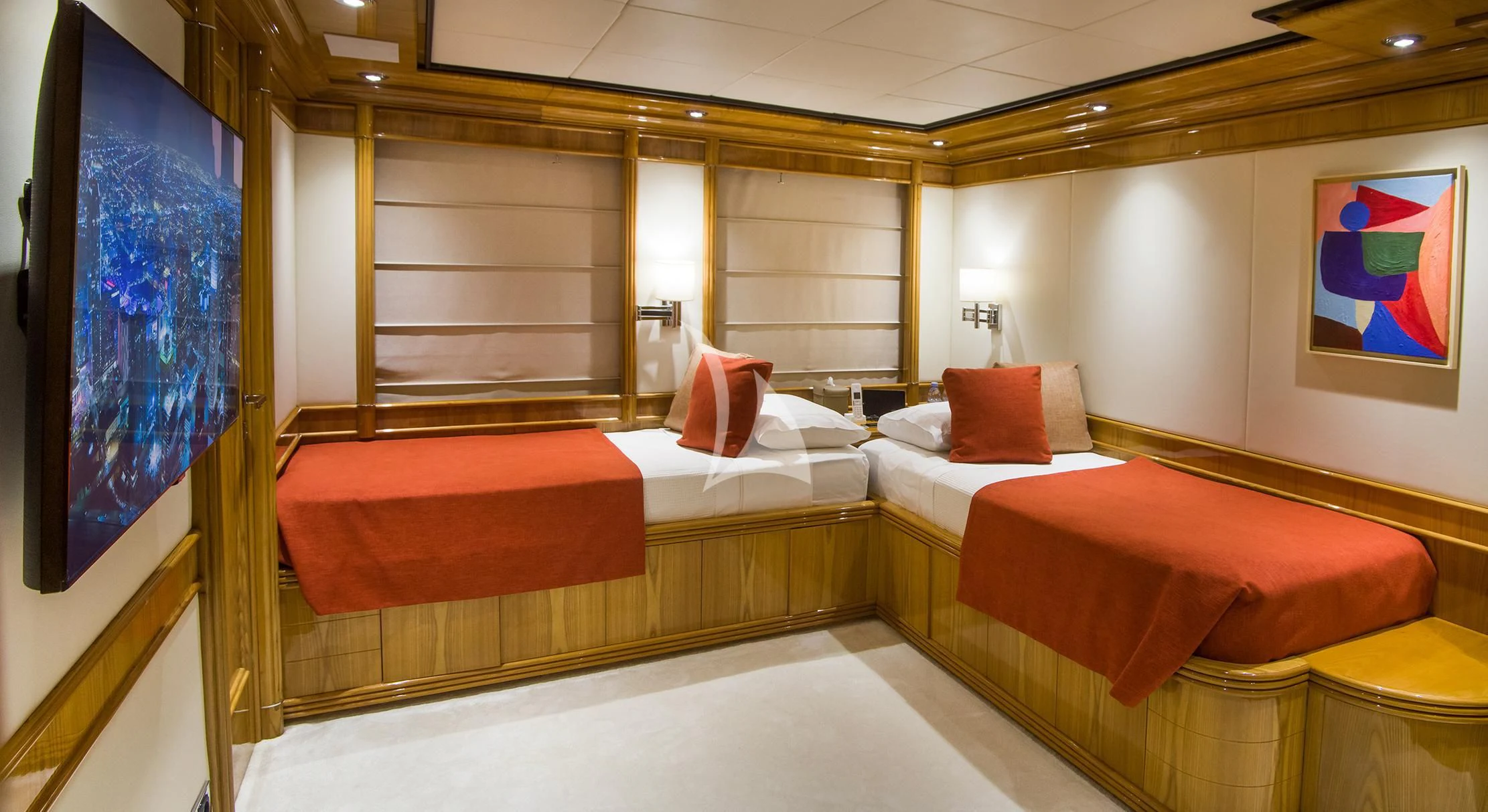 a room with two beds aboard JAAN Yacht for Sale