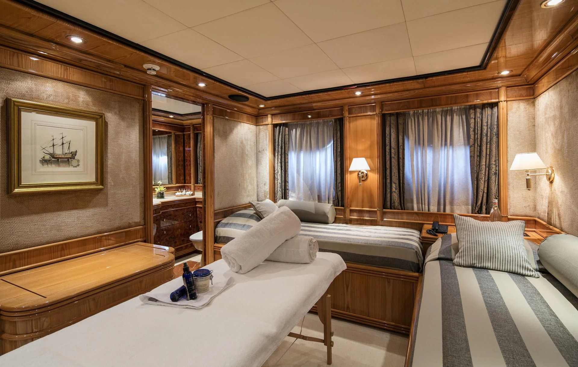 a room with two beds aboard JAAN Yacht for Sale