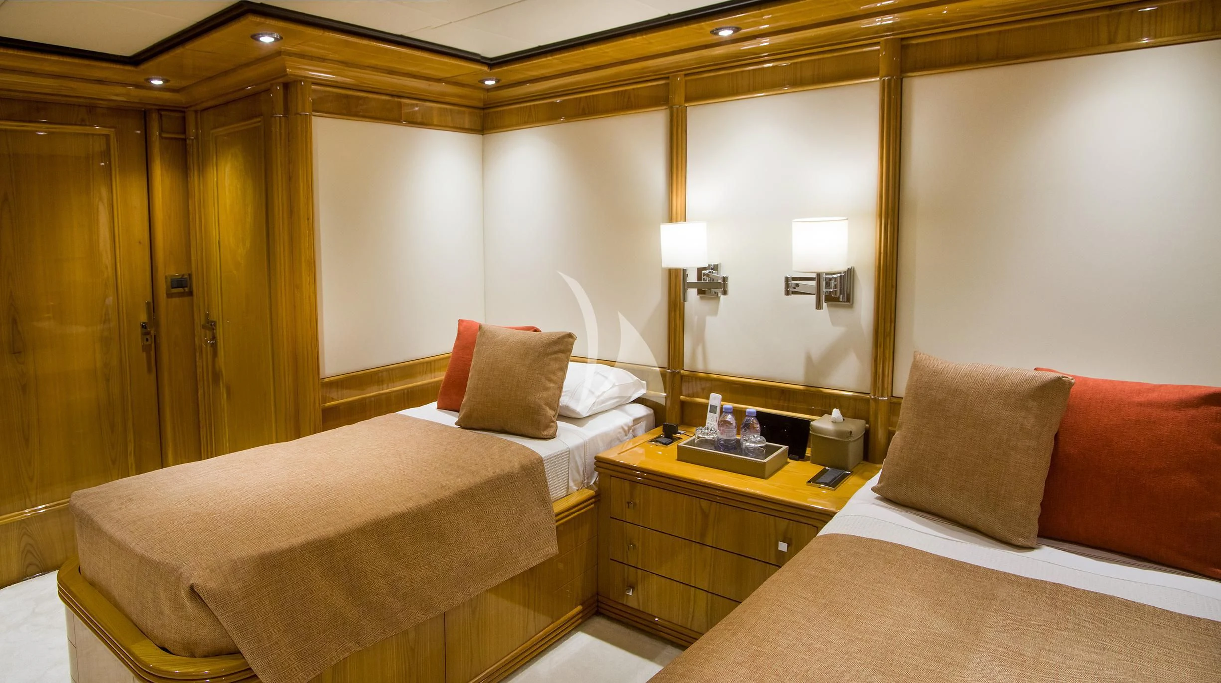 a hotel room with two beds aboard JAAN Yacht for Sale
