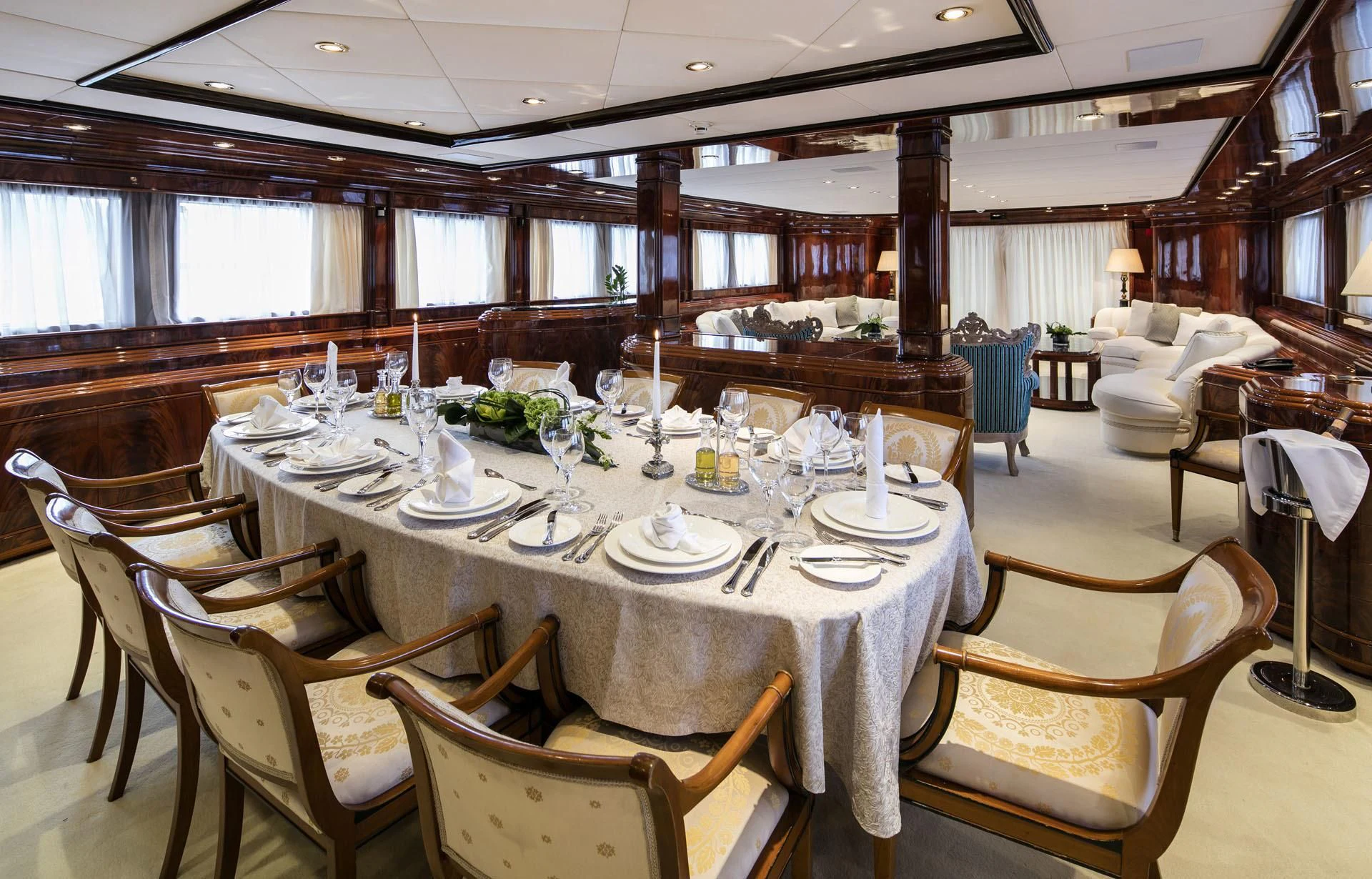 a large dining room table aboard JAAN Yacht for Sale