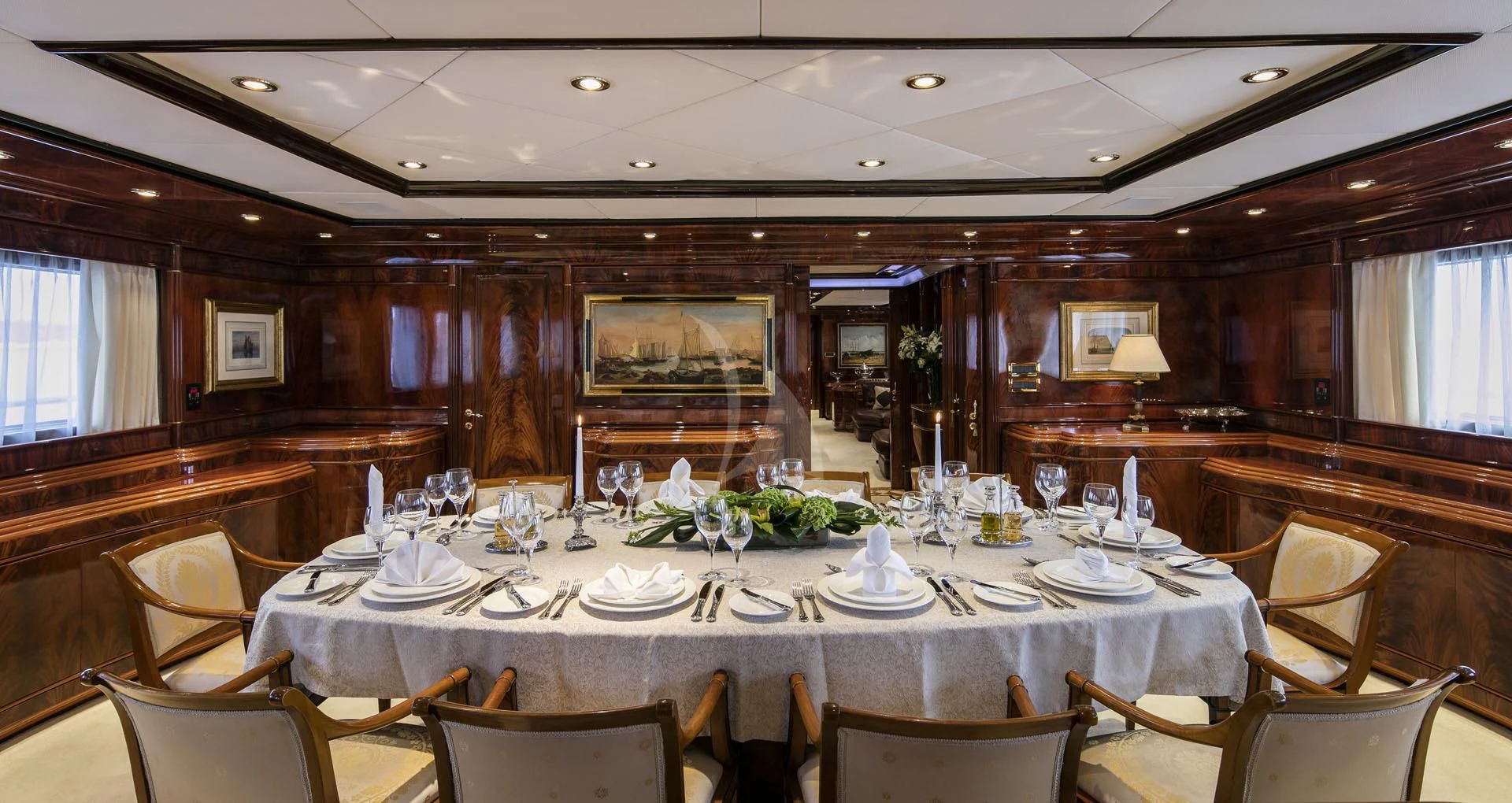 a large dining room with tables and chairs aboard JAAN Yacht for Sale