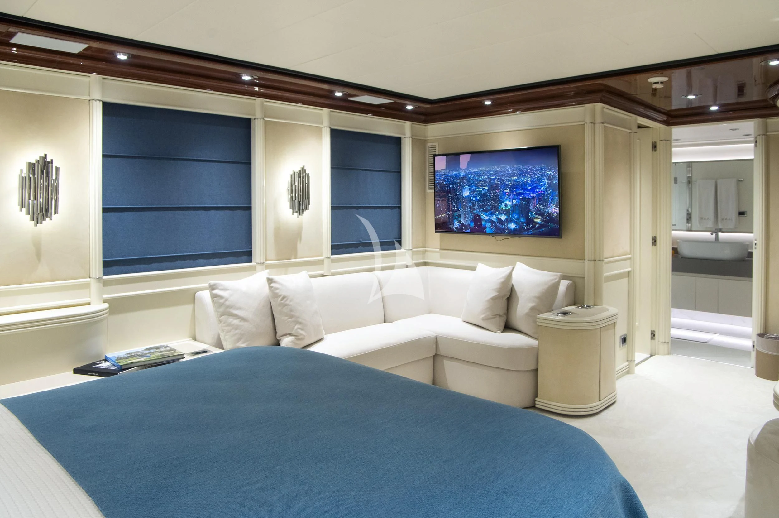 a large bed in a room aboard JAAN Yacht for Sale