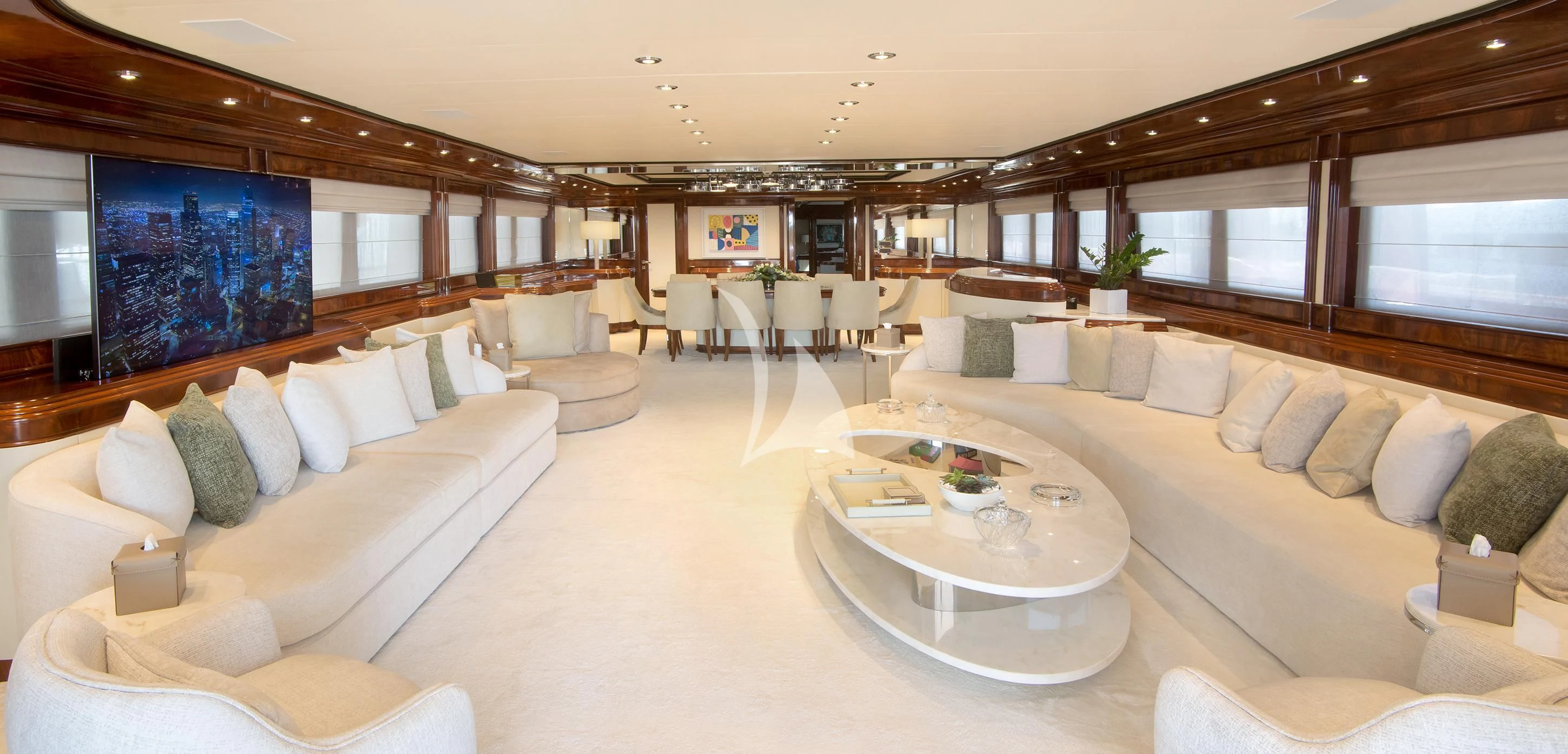 a large living room with a large window aboard JAAN Yacht for Sale