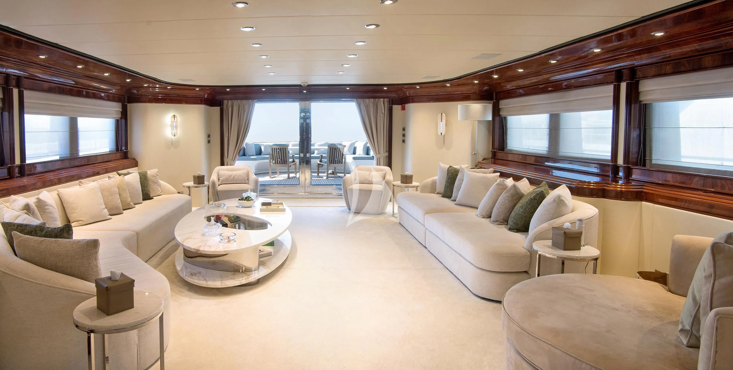 a living room with a large window aboard JAAN Yacht for Sale