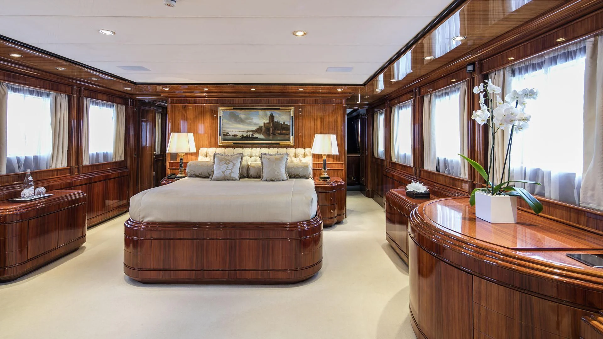a bedroom with a large bed aboard JAAN Yacht for Sale