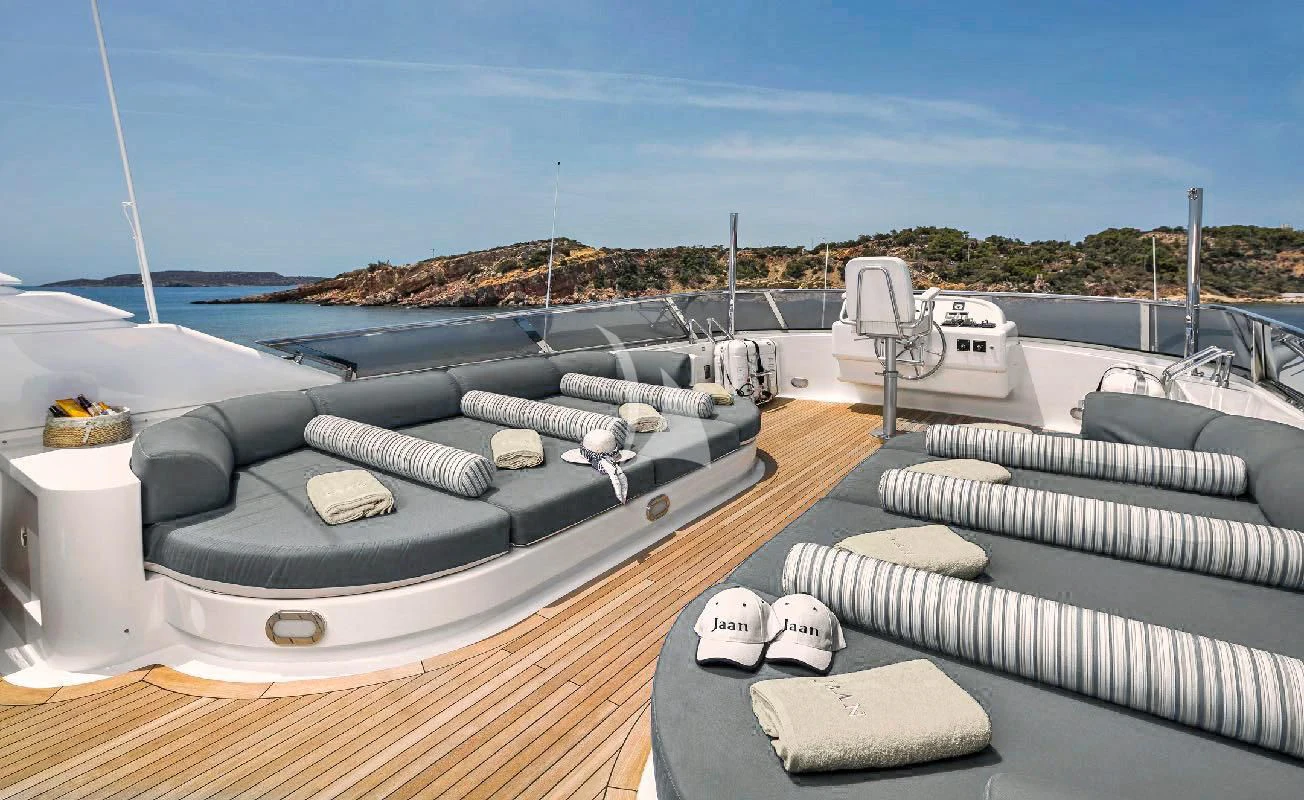 a deck with a deck and a boat on it aboard JAAN Yacht for Sale