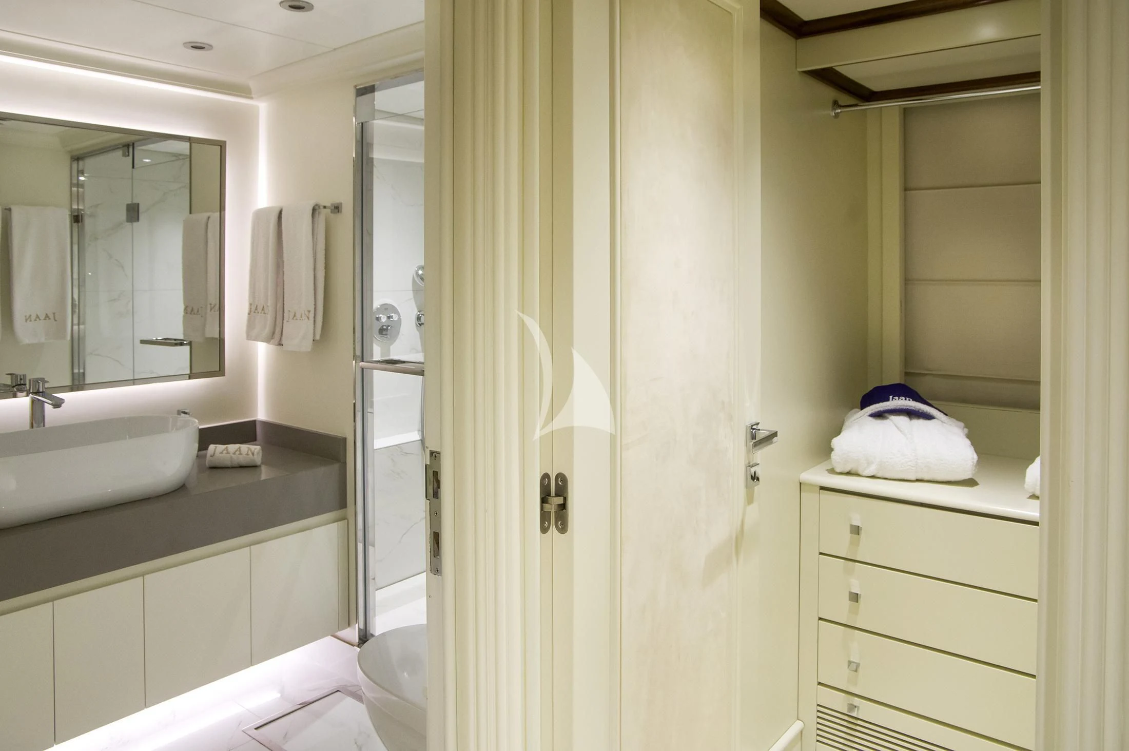 a bathroom with a sink and a mirror aboard JAAN Yacht for Sale