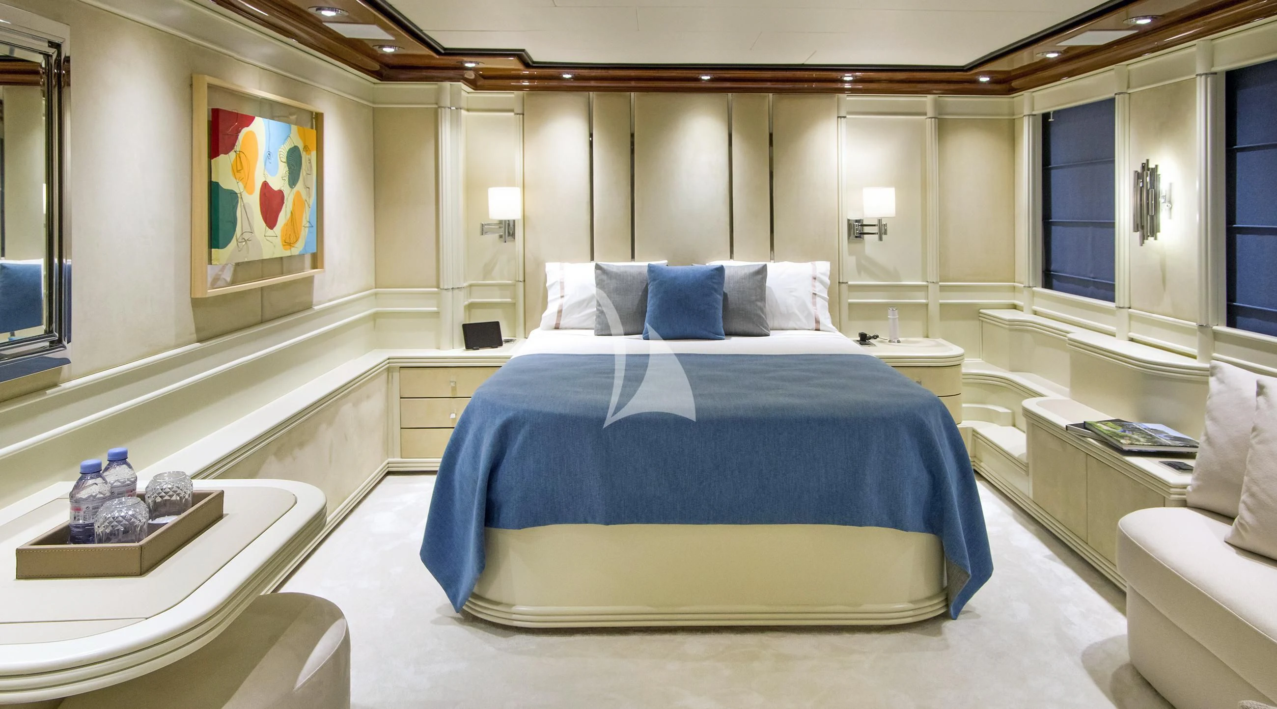 a large bed in a room aboard JAAN Yacht for Sale
