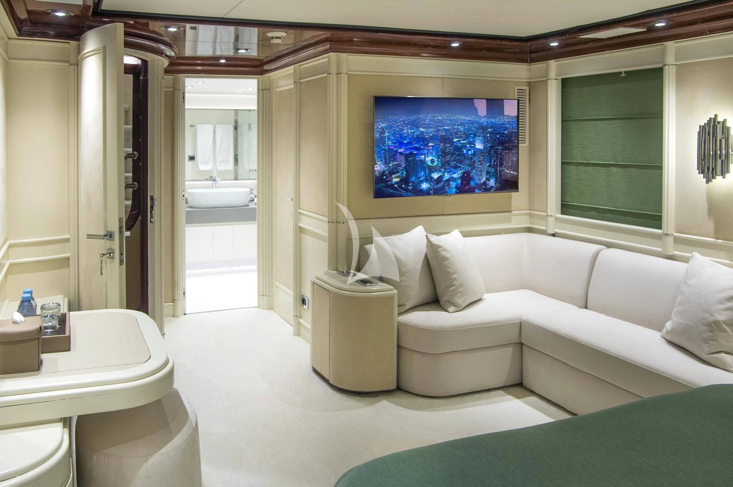 a room with a bed and a window aboard JAAN Yacht for Sale