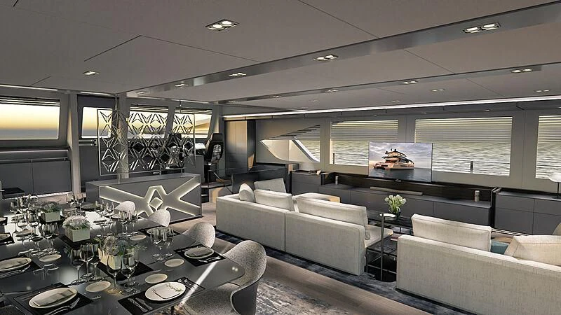 a large room with a table and chairs aboard AMANTIS 7 Yacht for Sale