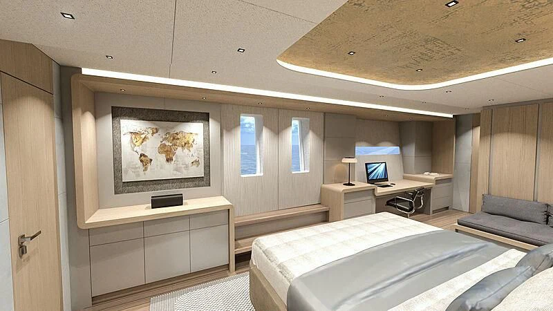 a bedroom with a bed and a desk aboard AMANTIS 7 Yacht for Sale
