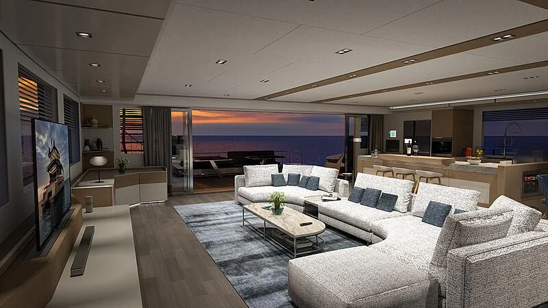 a living room with a large screen aboard AMANTIS 7 Yacht for Sale