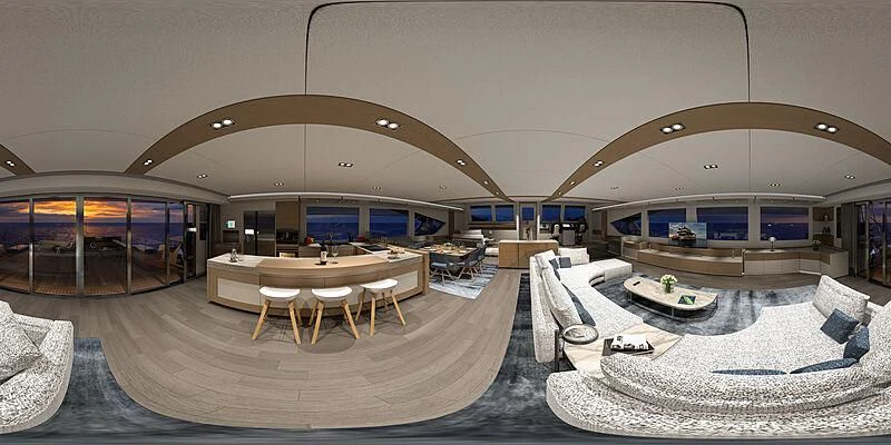 a large room with tables and chairs aboard AMANTIS 7 Yacht for Sale